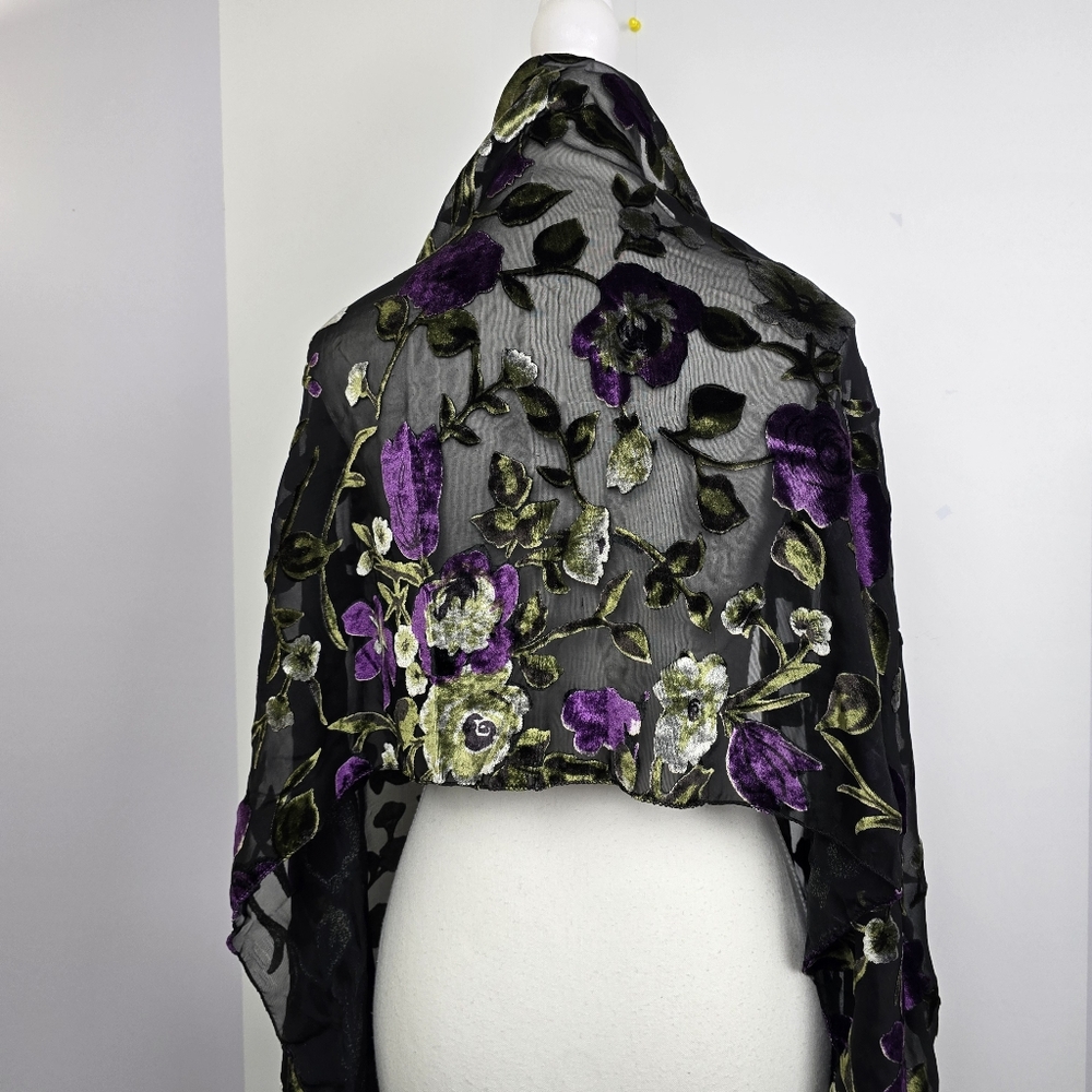 Vintage Black Velvet Burnout Floral Fringe Shawl | Wrap Boho Gothic Romantic - Picture 2 of 5